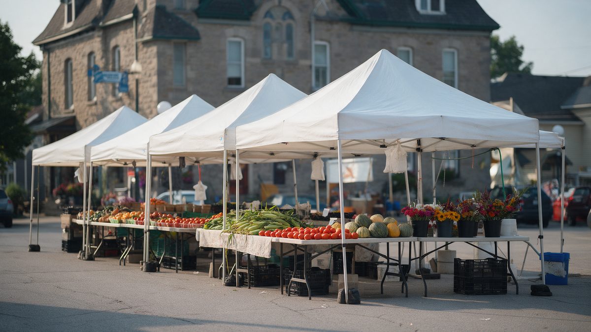 White canopy tents of a small-town farmers' market with produce tables in front of a stone church
