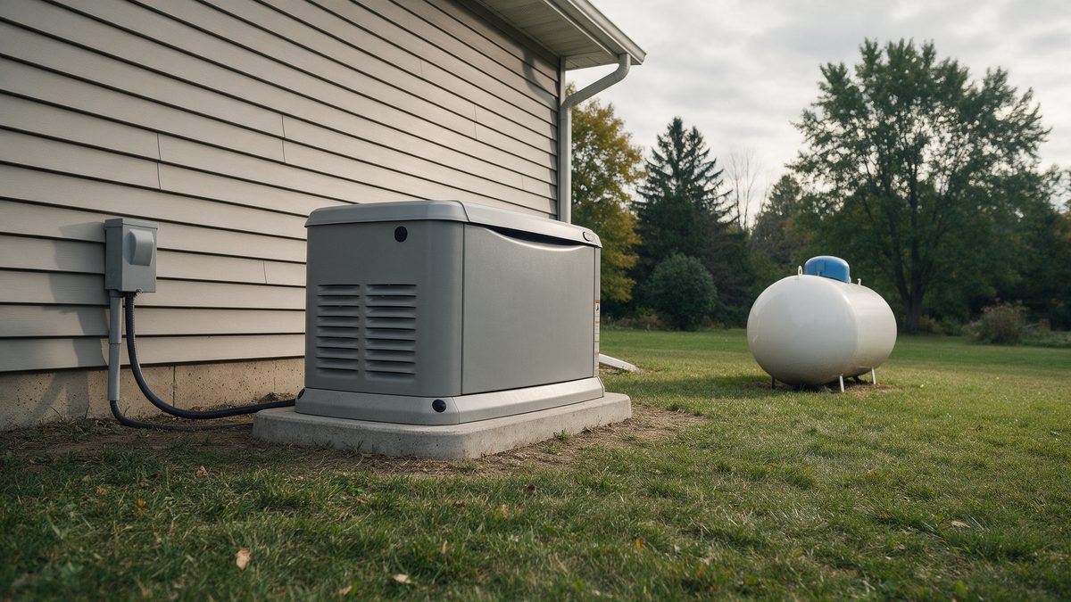 A residential standby generator on a concrete pad with a propane tank on the lawn behind