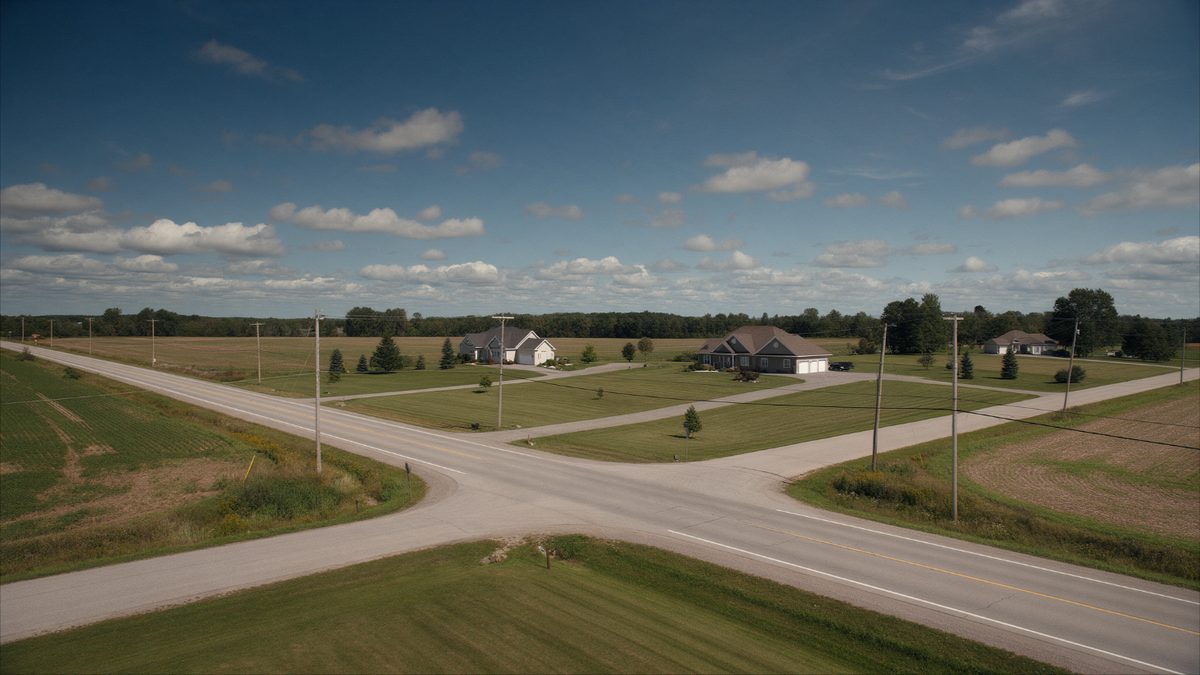 A rural crossroads with open fields, scattered houses and a line of hydro poles under a summer sky