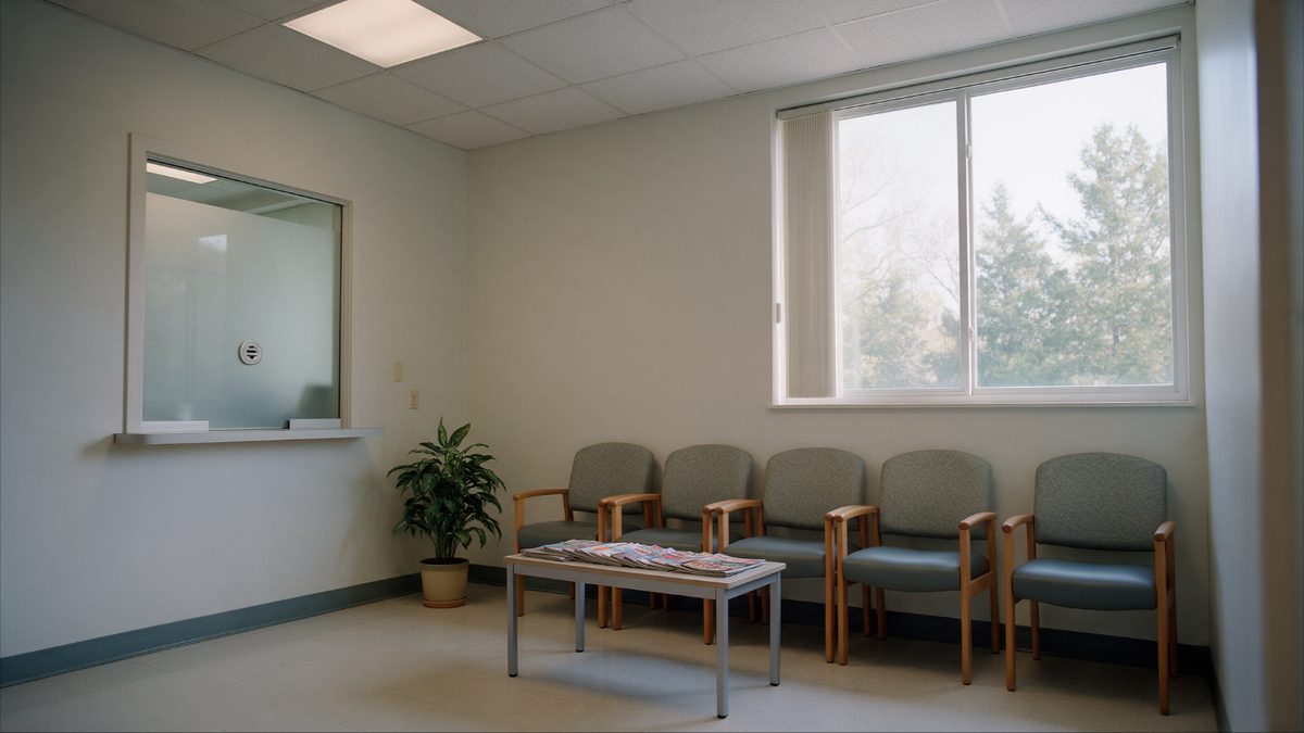 A small clinic waiting room with a row of chairs, a reception window and a low magazine table