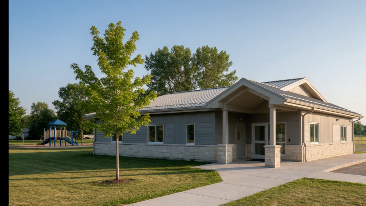 A single-storey village community centre with a peaked entrance, a playground beside it and mown grass in front