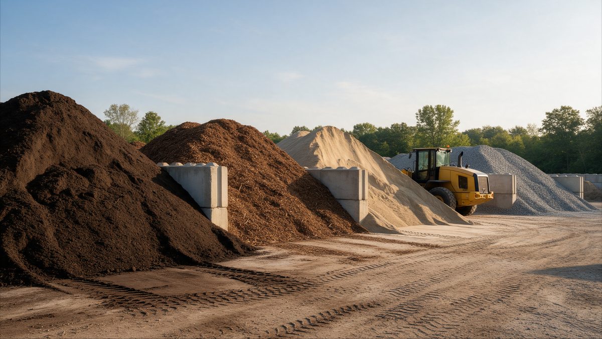 Piles of topsoil, mulch and aggregate in a landscape supply yard, with a loader parked behind them