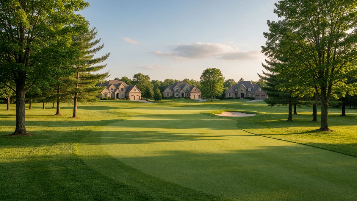 A golf fairway in evening light running toward a green with a flagstick and a sand bunker, with large stone estate houses set back across wide lawns behind it