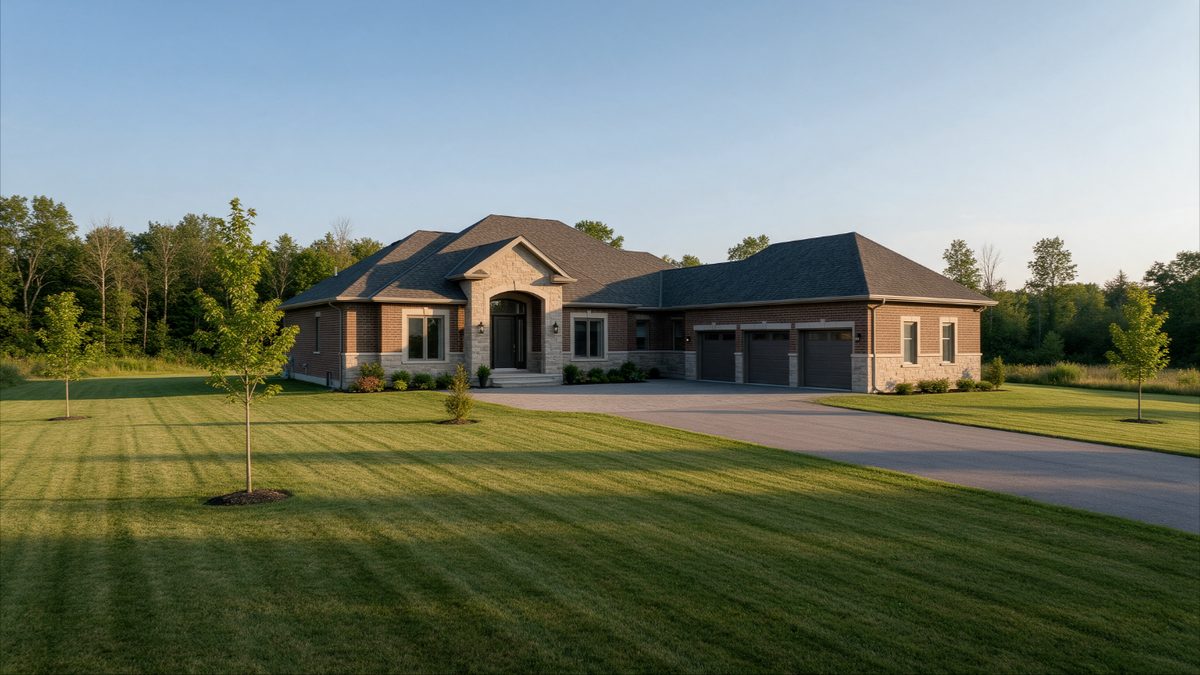A large brick and stone bungalow with a three-car garage, set well back on a wide lawn at the end of a long driveway