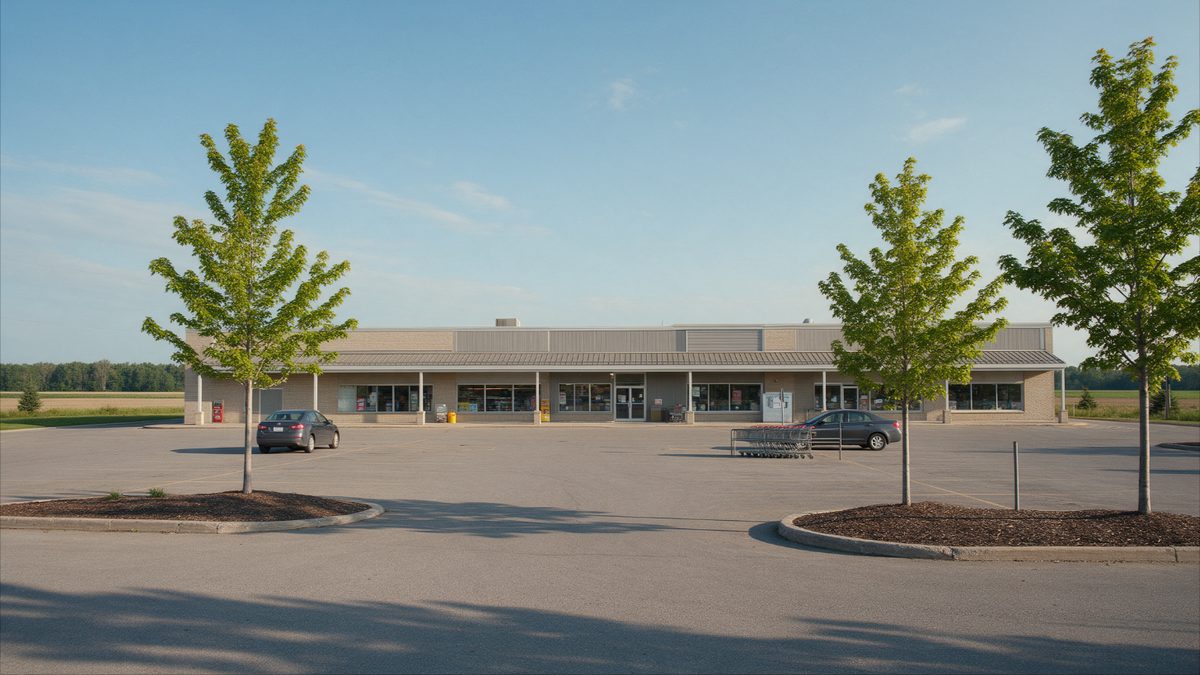 A single-storey suburban strip plaza with a grocery store and small shop fronts and cars in the parking lot