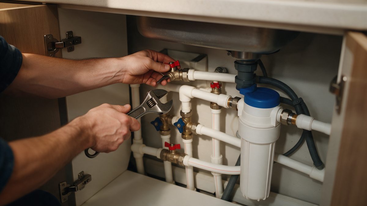 A plumber's hands with a wrench working on PEX pipe and valves under a kitchen sink