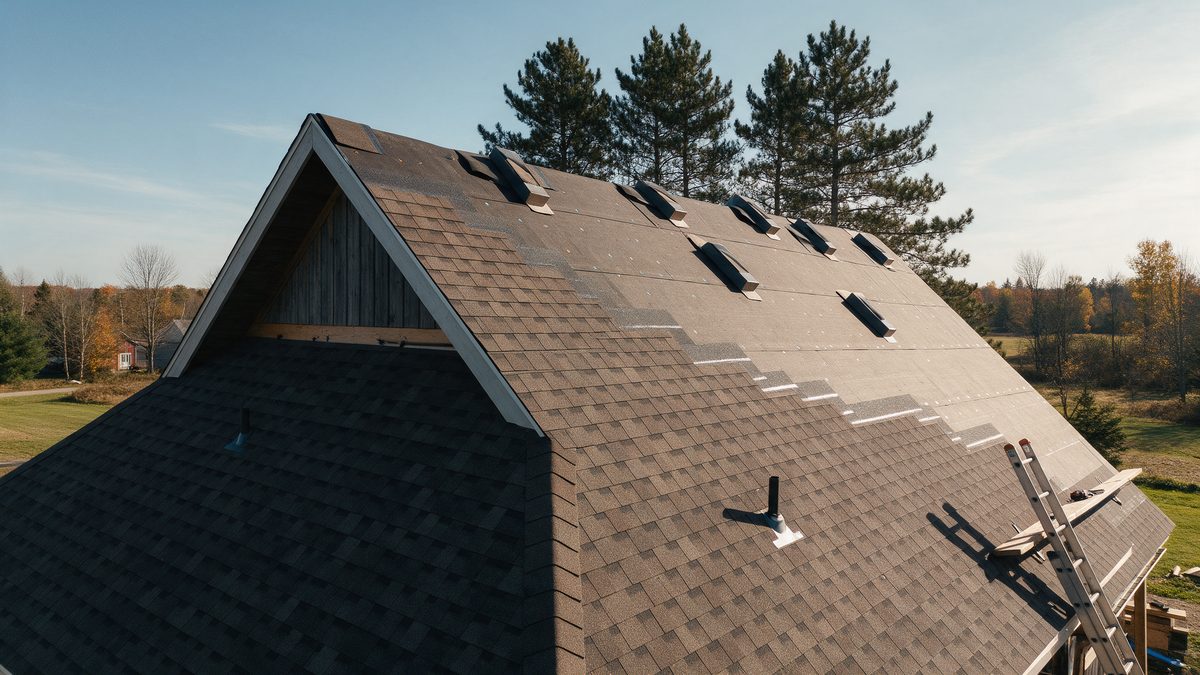New asphalt shingles being installed on a steep gable roof of a rural house