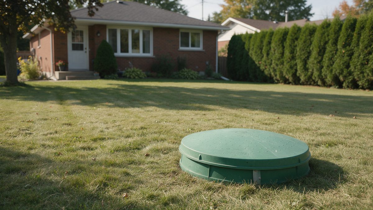 A green septic tank riser lid set into a mown lawn beside a rural house