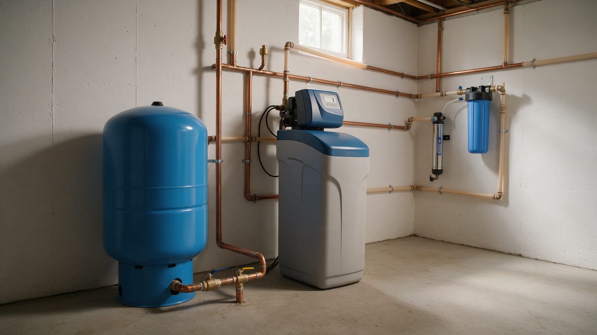 A rural basement with a well pressure tank, water softener and UV filter