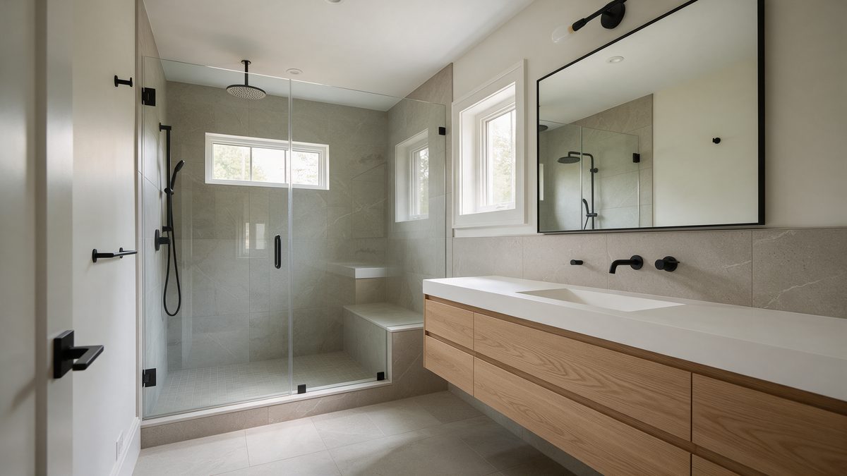 A renovated bathroom with a walk-in tiled shower, frameless glass and a floating vanity