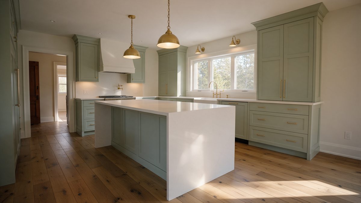 A renovated kitchen with a large quartz island, shaker cabinets and pendant lighting