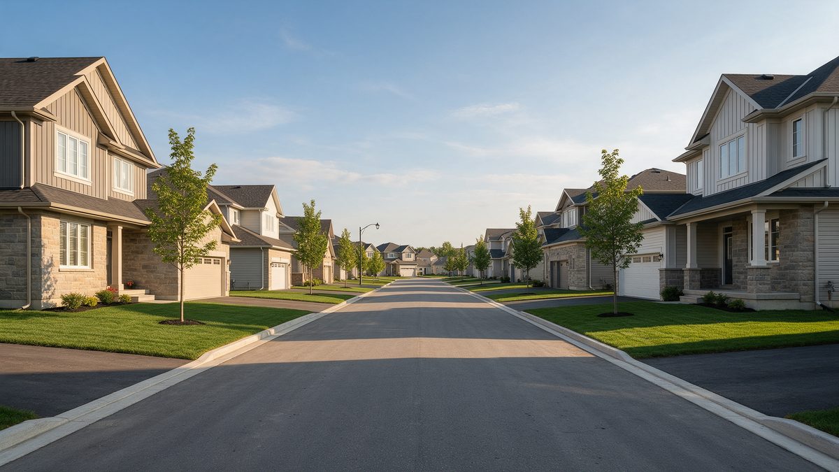 Newly built two-storey houses on a suburban street in late afternoon light
