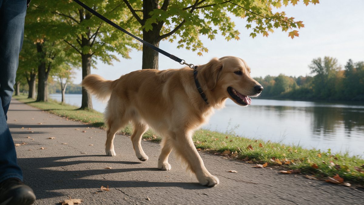 A golden retriever on a leash beside a river path in early autumn